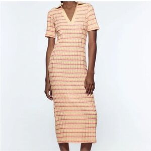 NWOT Zara Striped Ribbed Knit Polo Collar Midi Dress S
